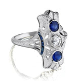 Blue Sapphire And Diamond Vintage Navette Platinum Ring