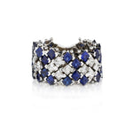 Ladies Diamond and Blue Sapphire Geometric Design Band.  18kt W/G.  3/4 Way Around.