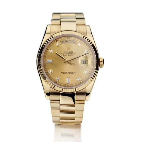 Rolex Oyster Perpetual Day-Date Presidential YG 36MM Diamond Watch.